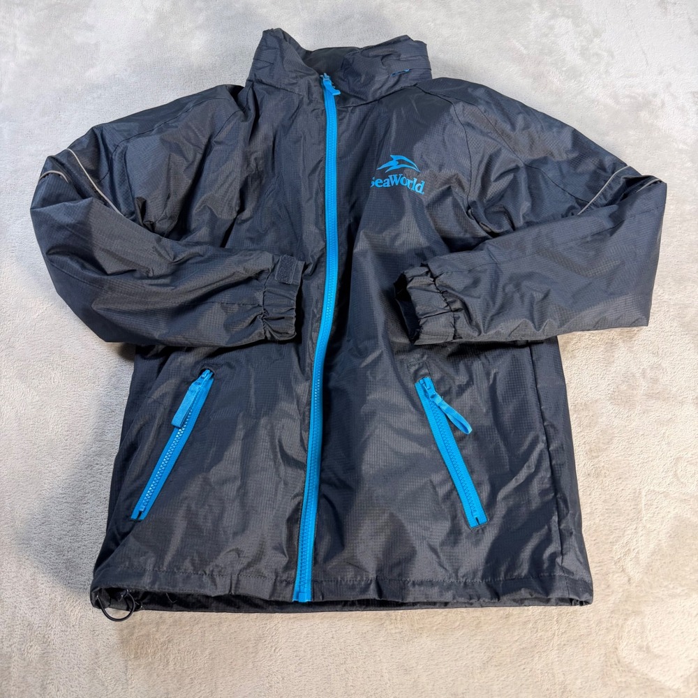 SeaWorld Windbreaker Jacket XS Blue Ripstop Full Zip Packable Hood Three Square